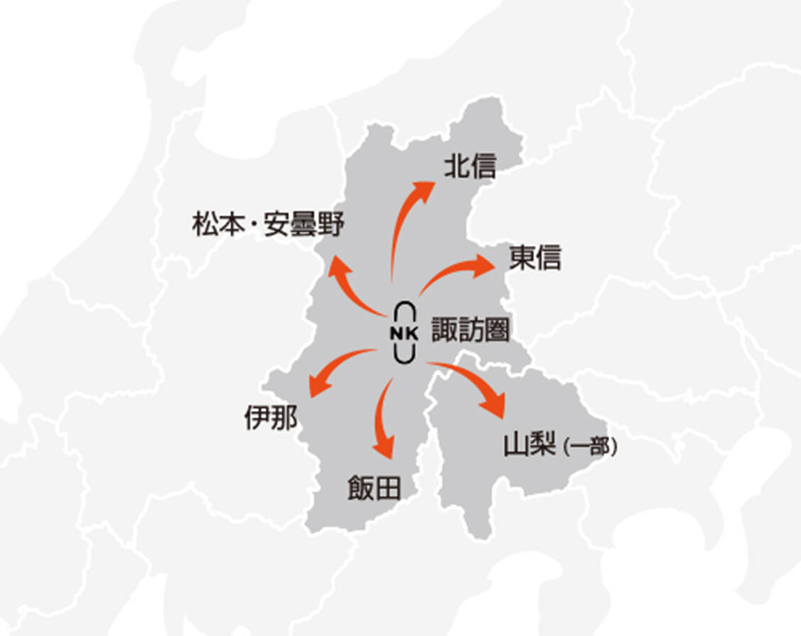 長野県を中心とした集配対応エリアの地図